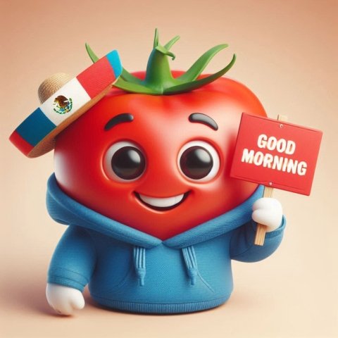 a cartoon tomato holding a sign of Good Morning Message