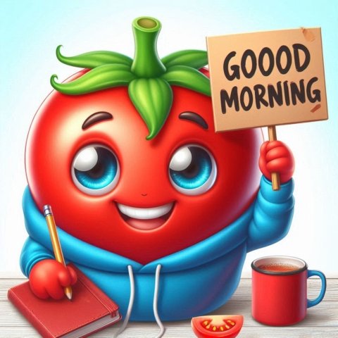 a cartoon tomato holding a sign of good morning message and a notepad