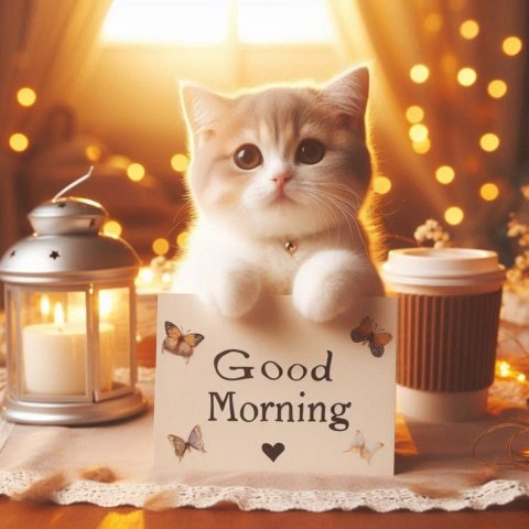 a cat holding a sign of Good Morning Message with butterflies and a candle