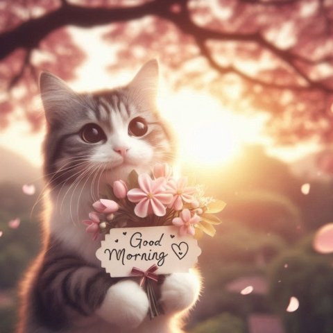 a cat holding a sign of good morning message with flowers