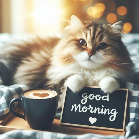 a cat lying on a bed with a cup of coffee and a sign of Good Morning Message