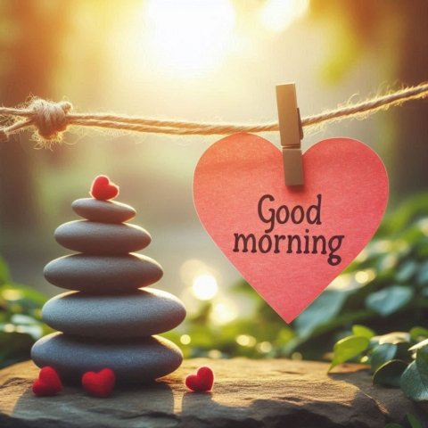 a heart shaped paper attached to a rope with a stack of rocks and a red heart on it with good morning message