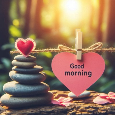 a heart shaped sign of Good Morning and stack of rocks