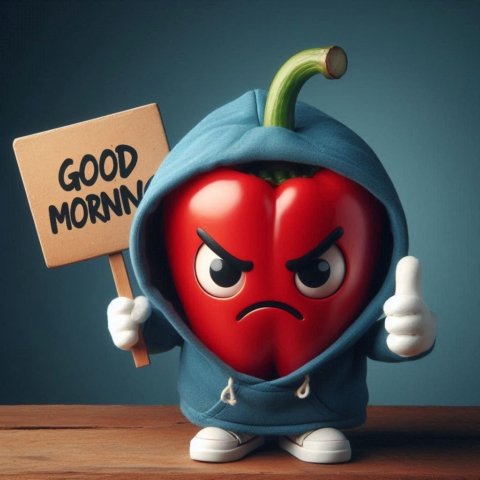 a pepper wearing a hoodie holding a good morning message sign