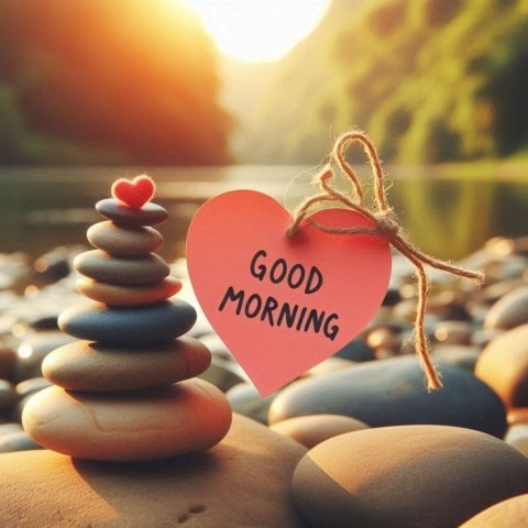 a stack of rocks with a heart shaped tag of good morning message on top