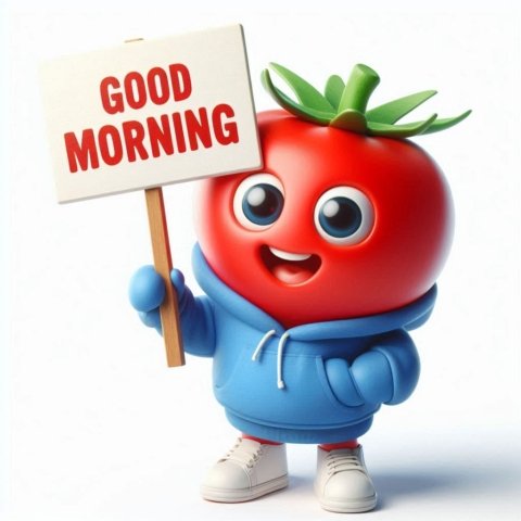 a tomato holding a sign of good morning message