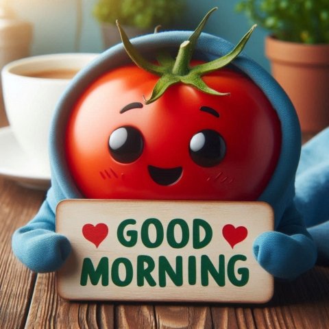 a tomato with a face and a good morning Message Sign