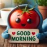 a tomato with a face and a good morning Message Sign