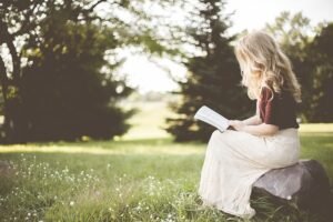 blonde, girl, book